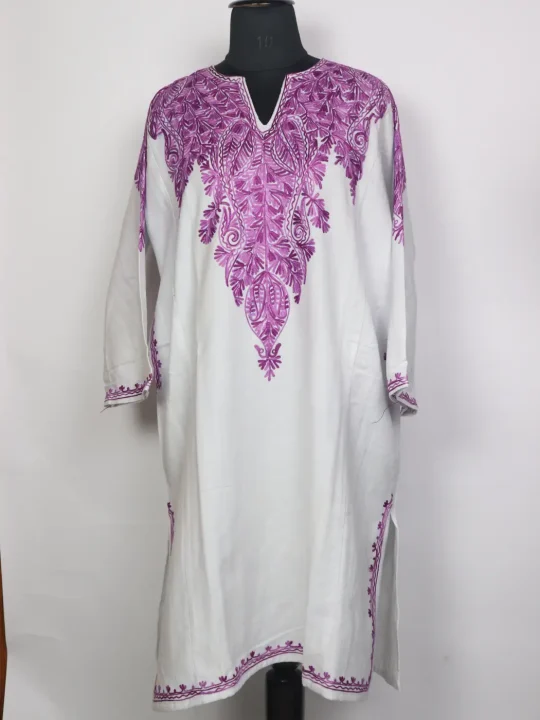 Kashmiri Cashmilon Pheran for Women with Front Back Aari Work Gulrukh White