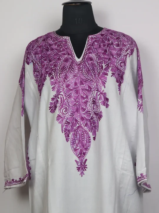 Kashmiri Cashmilon Pheran for Women with Front Back Aari Work Gulrukh White - Image 2