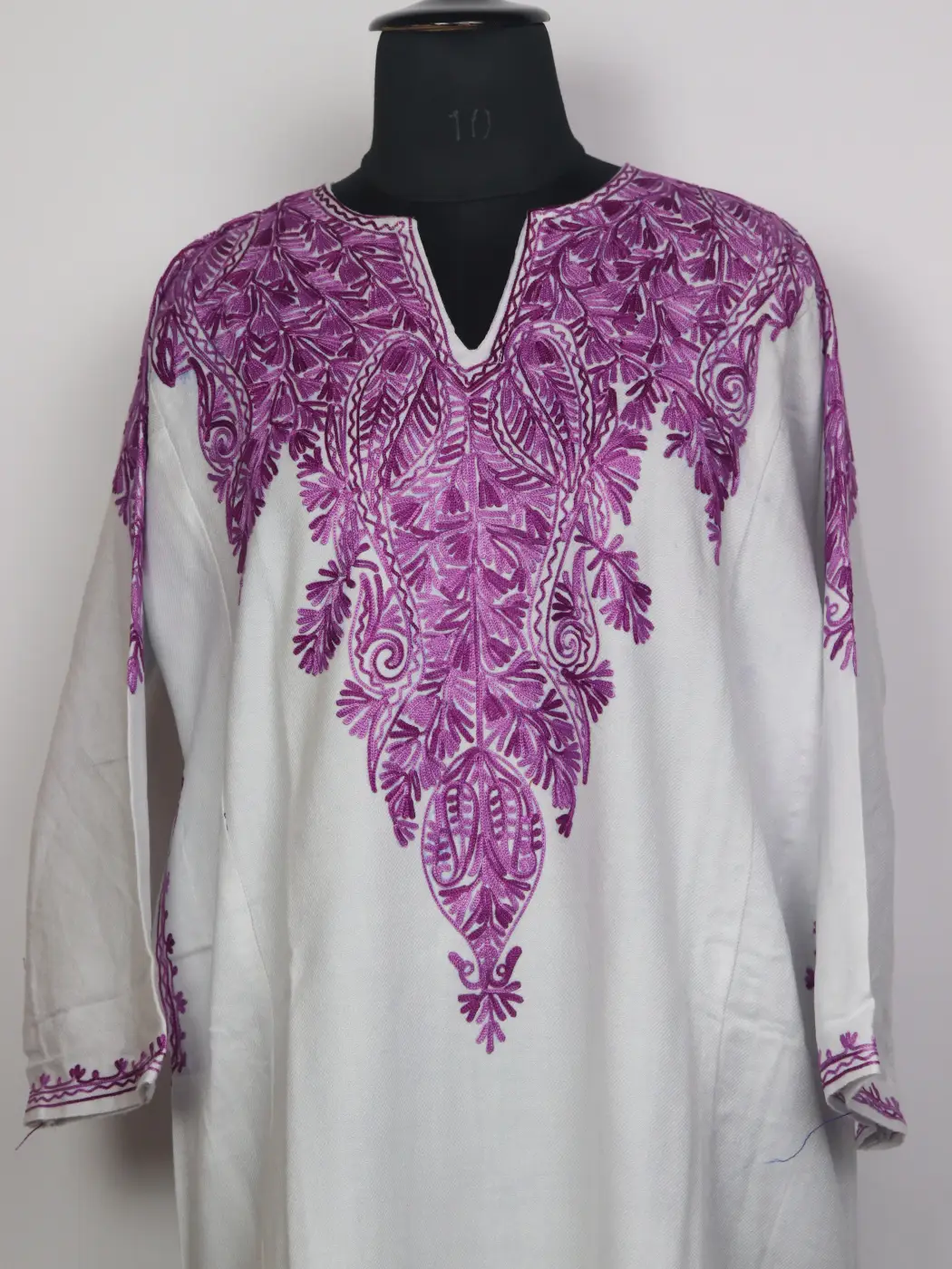 Kashmiri Cashmilon Pheran for Women with Front Back Aari Work Gulrukh White - Image 2