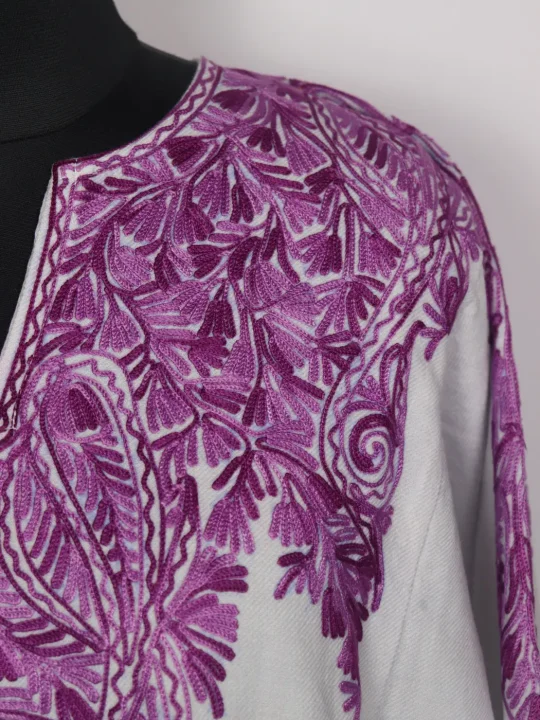 Kashmiri Cashmilon Pheran for Women with Front Back Aari Work Gulrukh White - Image 3