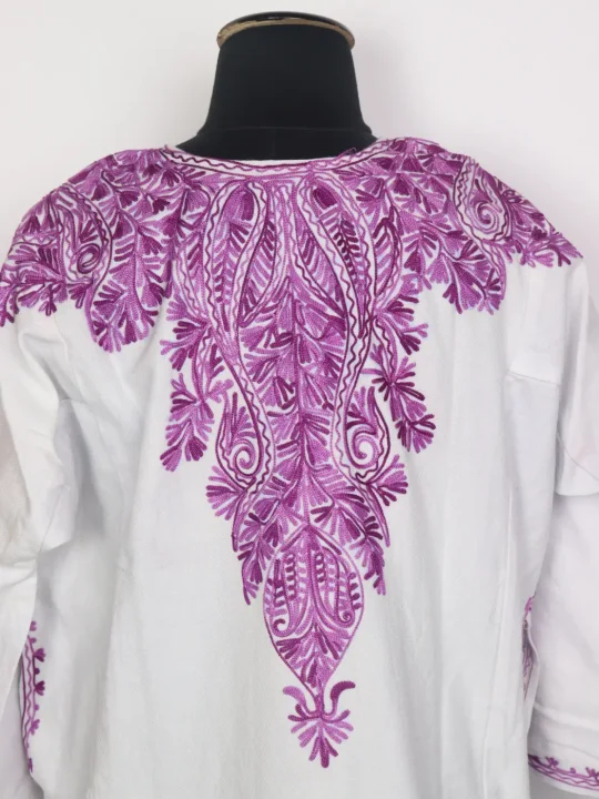 Kashmiri Cashmilon Pheran for Women with Front Back Aari Work Gulrukh White - Image 4