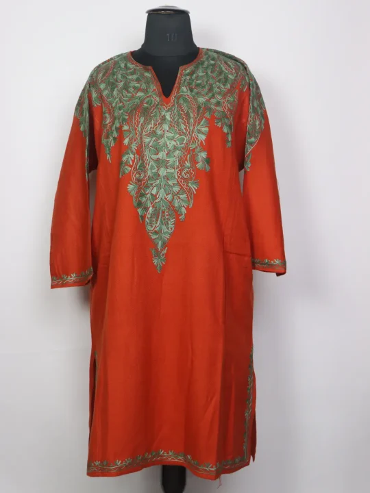 Kashmiri Gulrang Rusty Orange Cashmilon Pheran for Women with Front Back Aari Kadhai