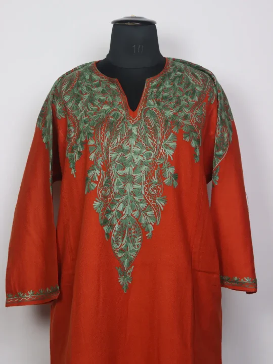 Kashmiri Gulrang Rusty Orange Cashmilon Pheran for Women with Front Back Aari Kadhai - Image 2