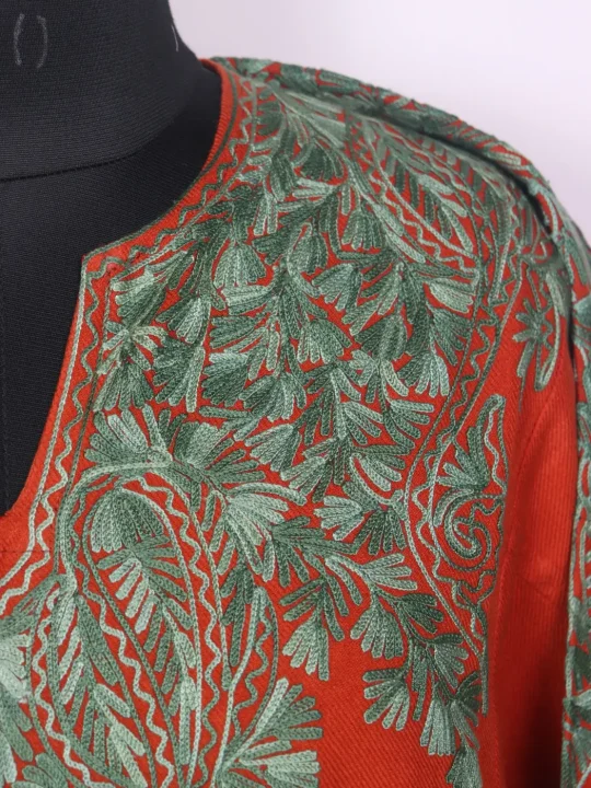 Kashmiri Gulrang Rusty Orange Cashmilon Pheran for Women with Front Back Aari Kadhai - Image 3