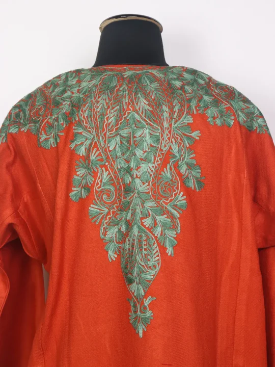 Kashmiri Gulrang Rusty Orange Cashmilon Pheran for Women with Front Back Aari Kadhai - Image 4