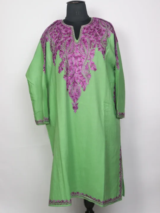 Kashmiri Cashmilon Pheran for Women with Front Back Aari Work Sabzpari Green