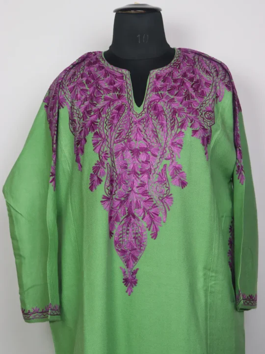 Kashmiri Cashmilon Pheran for Women with Front Back Aari Work Sabzpari Green - Image 2