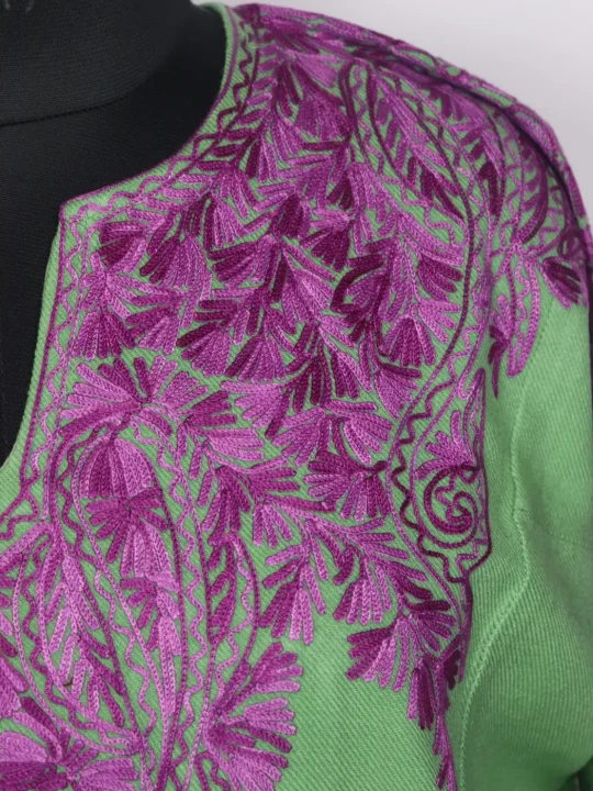 Kashmiri Cashmilon Pheran for Women with Front Back Aari Work Sabzpari Green - Image 3