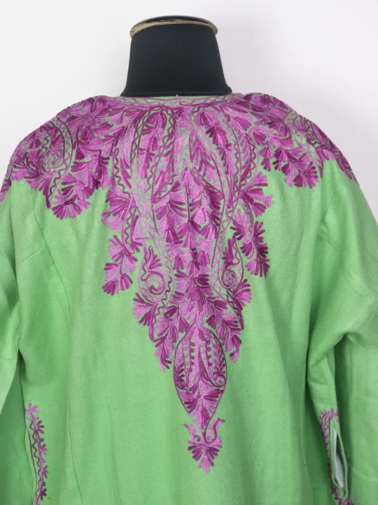 Kashmiri Cashmilon Pheran for Women with Front Back Aari Work Sabzpari Green - Image 4