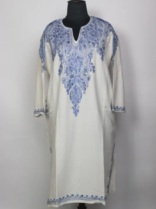 Chandani Kashmiri White Cashmilon Pheran for Women with Front Back Aari Kaam