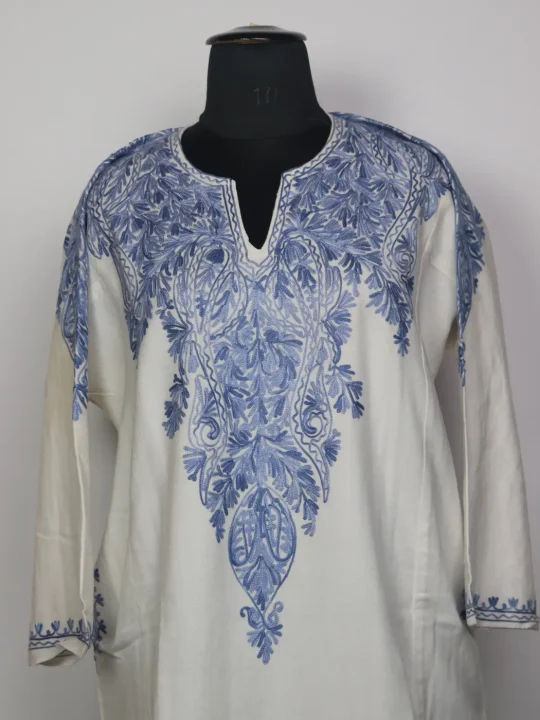 Chandani Kashmiri White Cashmilon Pheran for Women with Front Back Aari Kaam - Image 2