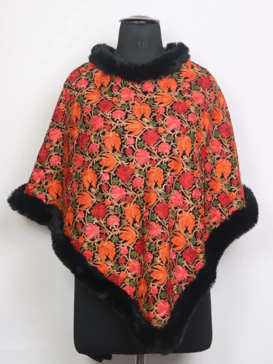 Kashmiri Gulbadan Black Fur Poncho for Women With Floral Aari Work