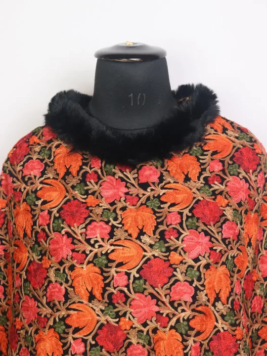 Kashmiri Gulbadan Black Fur Poncho for Women With Floral Aari Work - Image 2