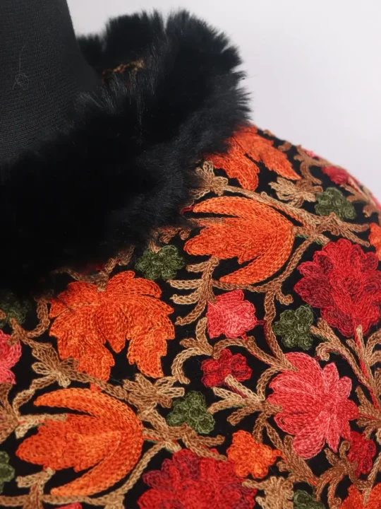 Kashmiri Gulbadan Black Fur Poncho for Women With Floral Aari Work - Image 3