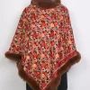 Sehreen Kashmiri Maroon Fur Poncho for Women With Floral Aari Work