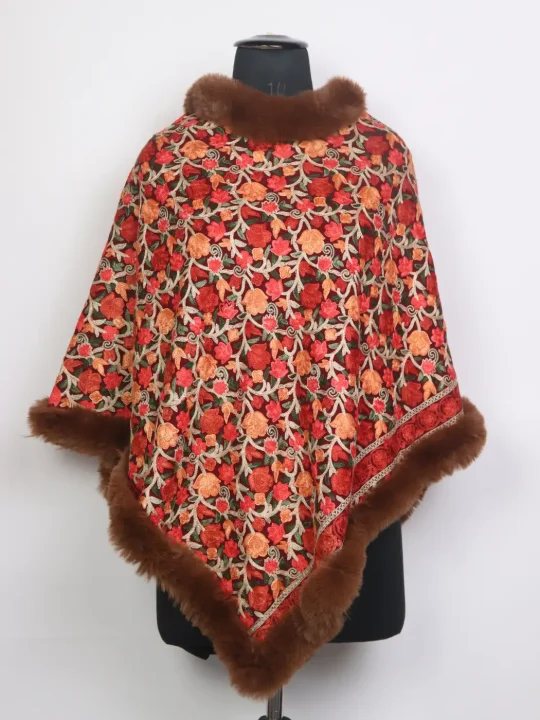 Sehreen Kashmiri Maroon Fur Poncho for Women With Floral Aari Work