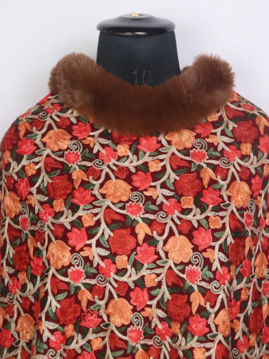 Sehreen Kashmiri Maroon Fur Poncho for Women With Floral Aari Work - Image 2