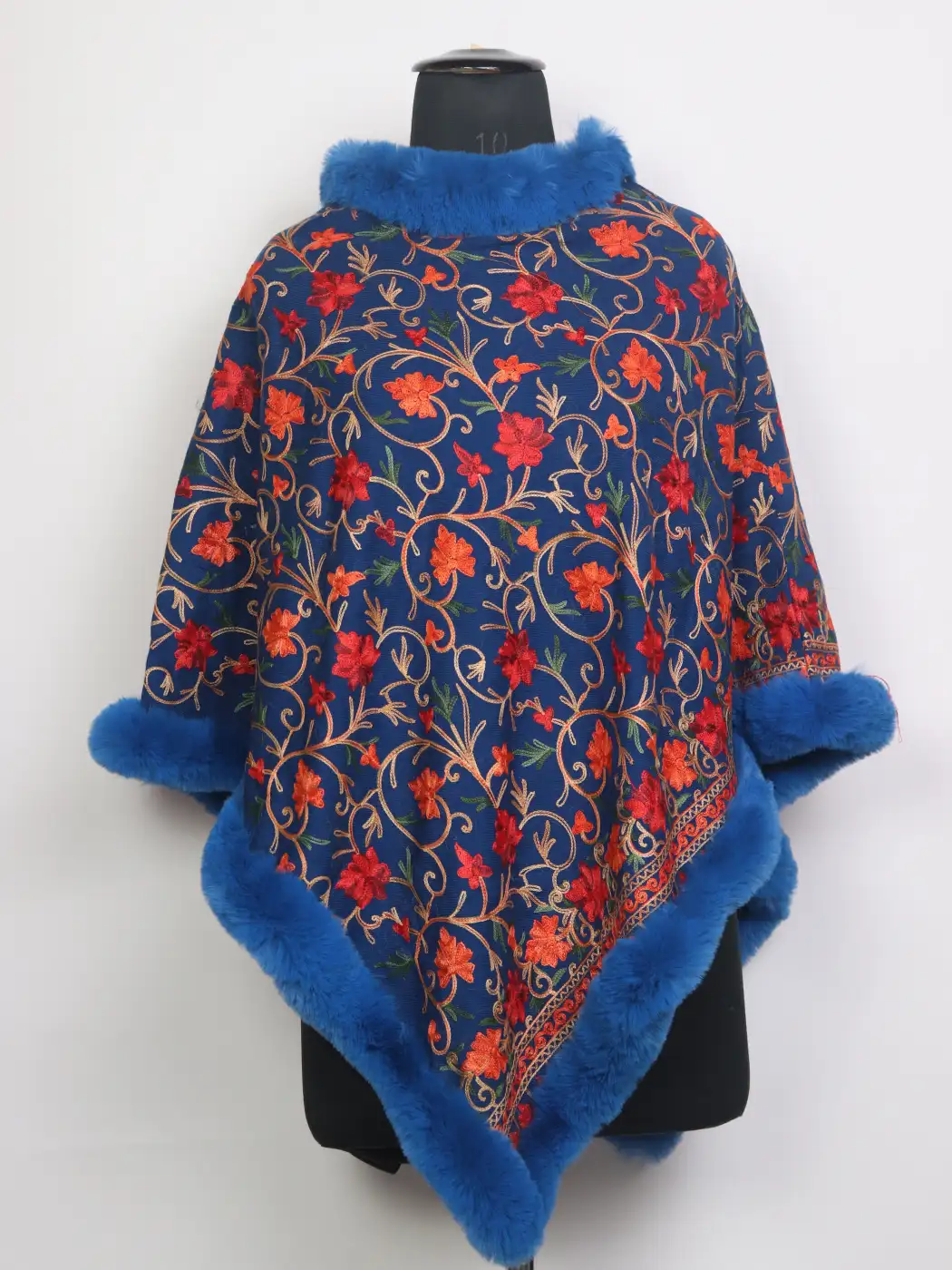 Kashmiri Fur Poncho for Women | Mehjabeen Navy Blue Floral Aari Kaam
