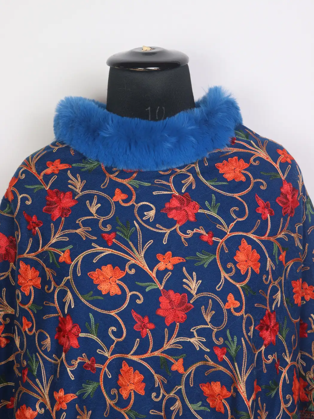 Kashmiri Fur Poncho for Women | Mehjabeen Navy Blue Floral Aari Kaam - Image 2