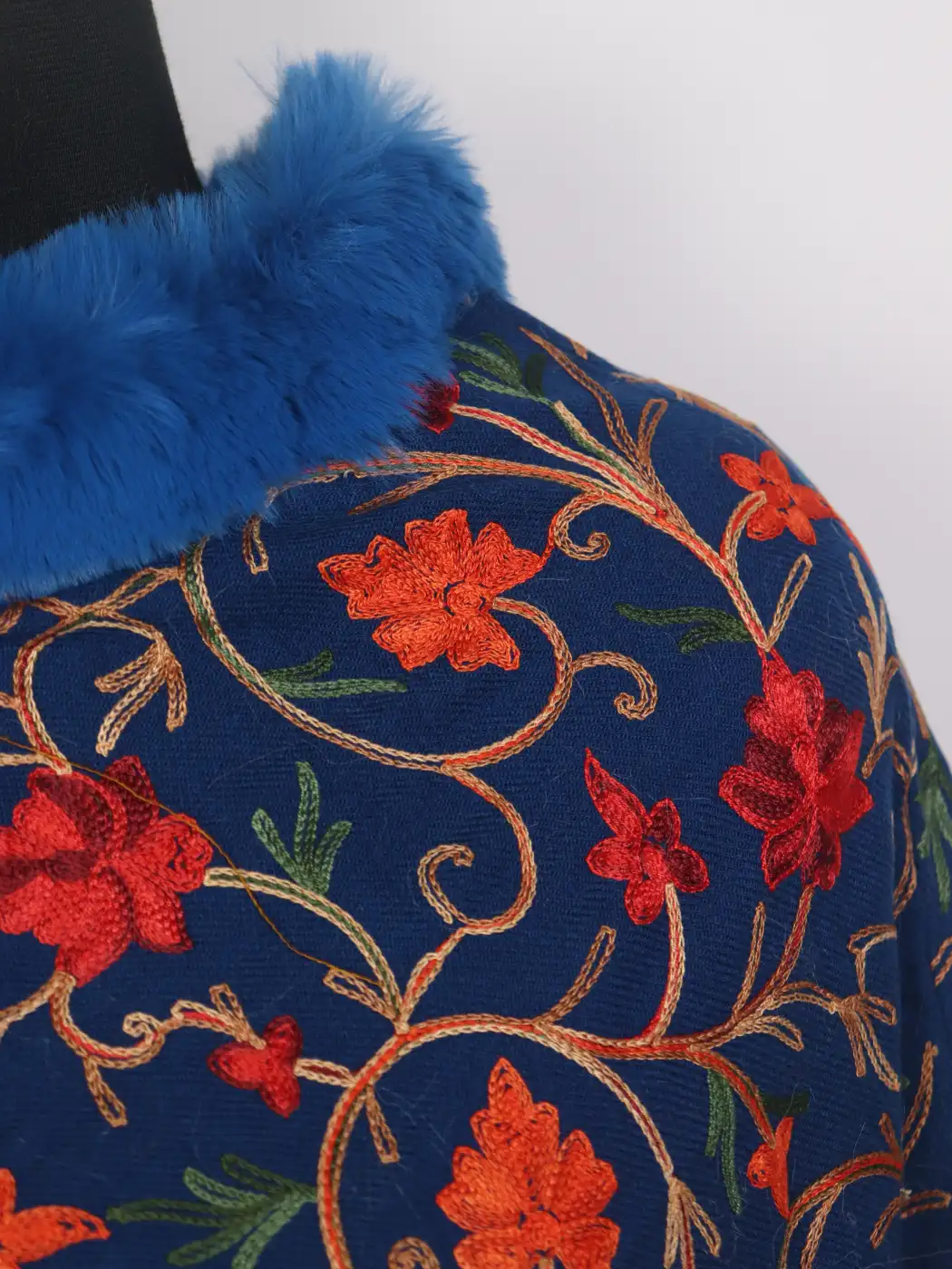 Kashmiri Fur Poncho for Women | Mehjabeen Navy Blue Floral Aari Kaam - Image 3