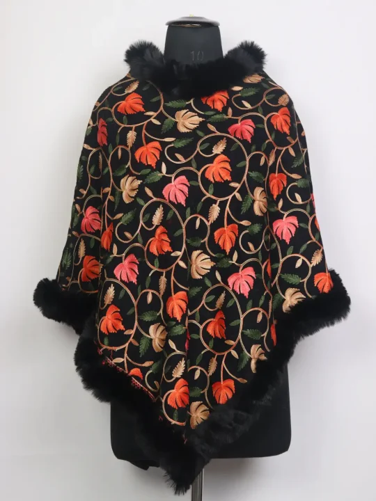 Kashmiri Fur Poncho for Women | Noori Black Floral Aari Work