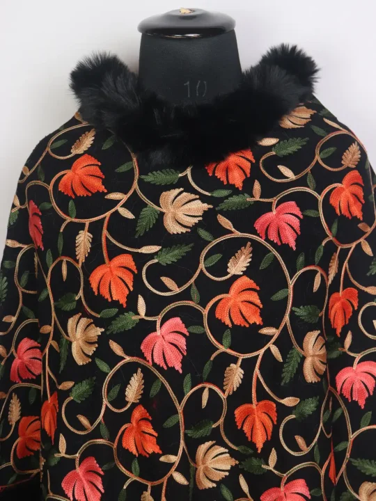 Kashmiri Fur Poncho for Women | Noori Black Floral Aari Work - Image 2