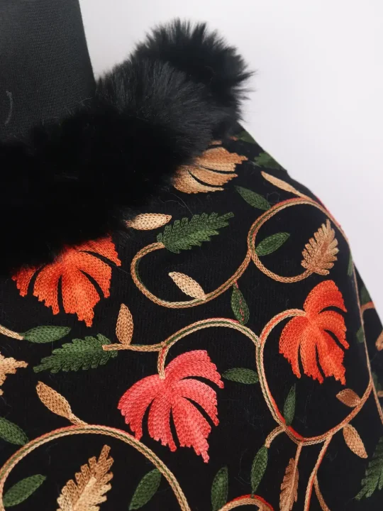 Kashmiri Fur Poncho for Women | Noori Black Floral Aari Work - Image 3