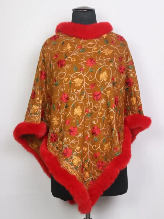 Kashmiri Gulrukh Mustard Fur Poncho for Women With Floral Aari Kaam