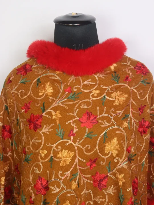 Kashmiri Gulrukh Mustard Fur Poncho for Women With Floral Aari Kaam - Image 2