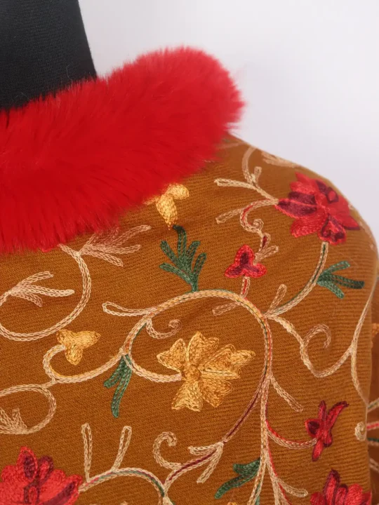Kashmiri Gulrukh Mustard Fur Poncho for Women With Floral Aari Kaam - Image 3