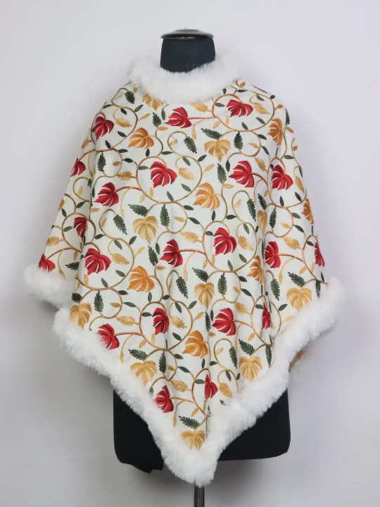 Kashmiri Fur Poncho for Women | Shabnam White Chinar Aari Work