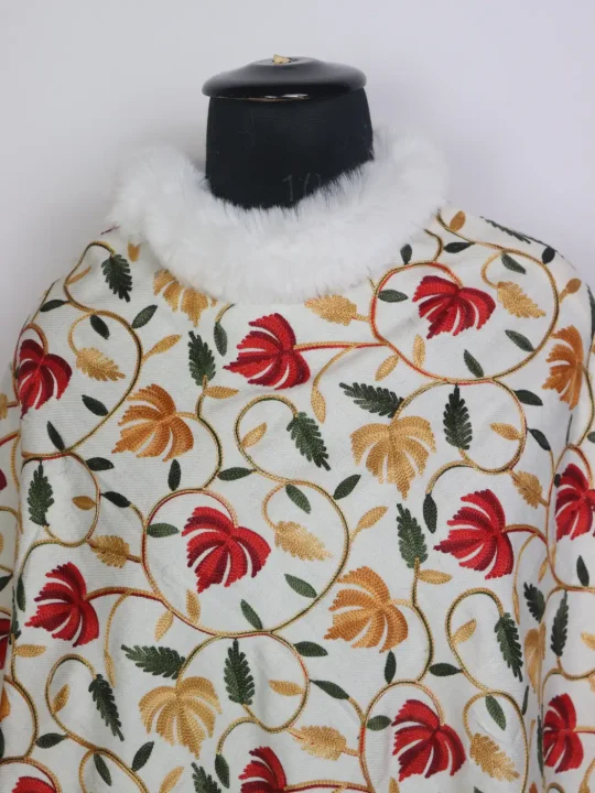 Kashmiri Fur Poncho for Women | Shabnam White Chinar Aari Work - Image 2