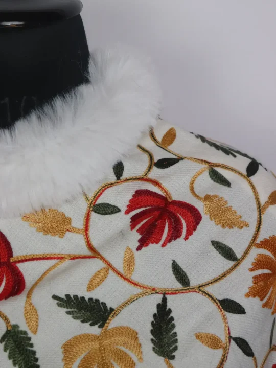 Kashmiri Fur Poncho for Women | Shabnam White Chinar Aari Work - Image 3
