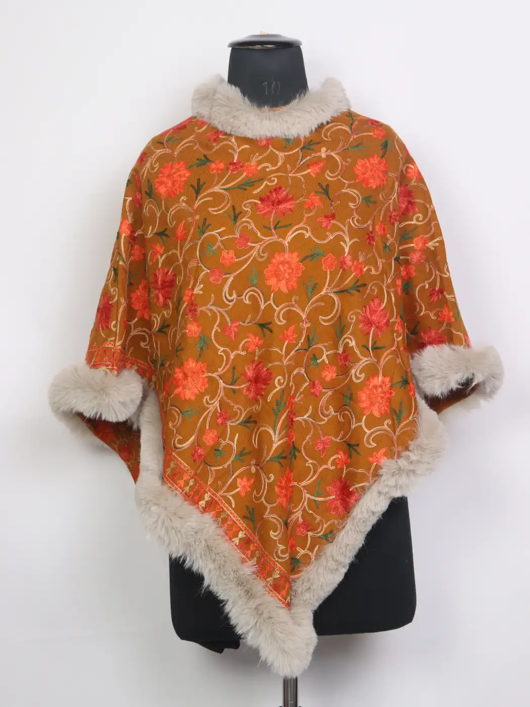 Gulshana Kashmiri Mustard Fur Poncho for Women With Aari Kadhai