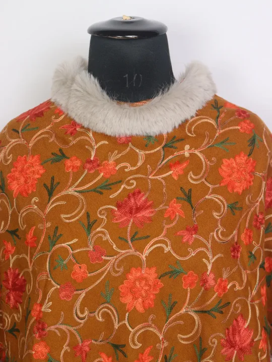 Gulshana Kashmiri Mustard Fur Poncho for Women With Aari Kadhai - Image 2