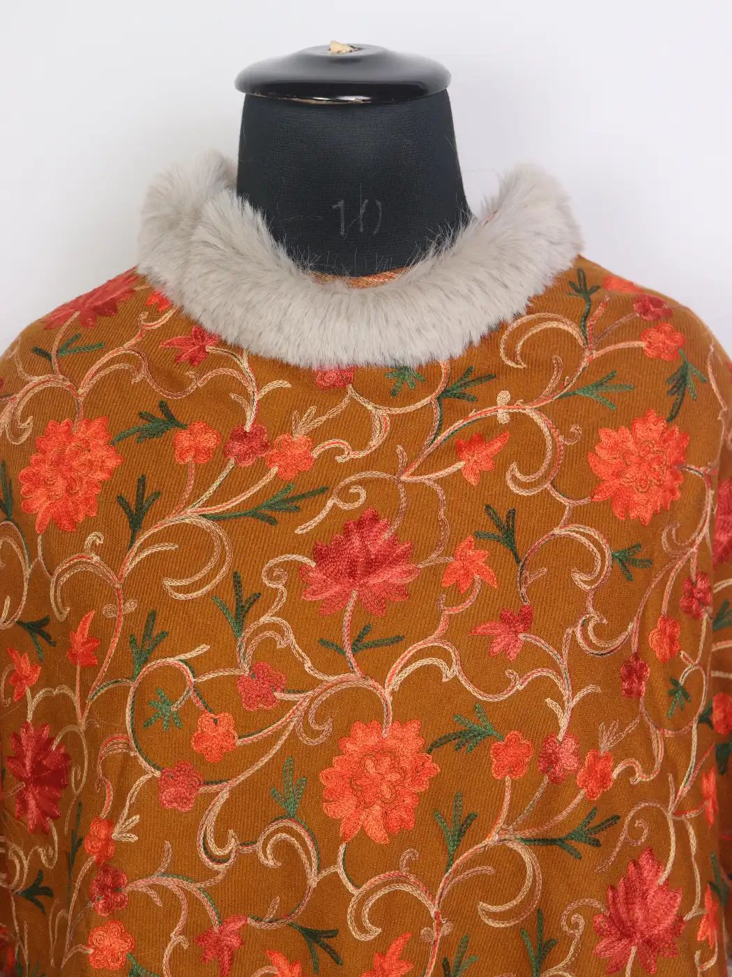 Gulshana Kashmiri Mustard Fur Poncho for Women With Aari Kadhai - Image 2
