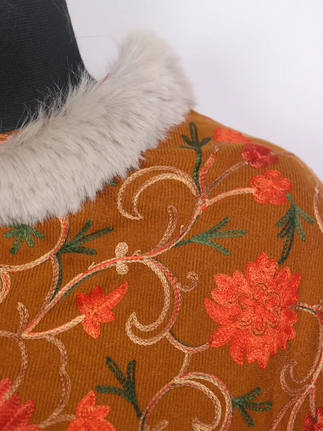 Gulshana Kashmiri Mustard Fur Poncho for Women With Aari Kadhai - Image 3