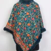 Pari Teal Kashmiri Fur Poncho for Women With Floral Aari Kaam