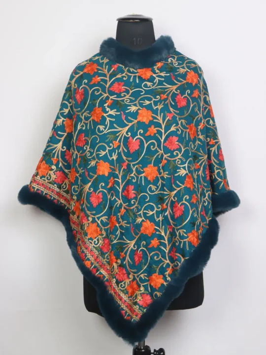 Pari Teal Kashmiri Fur Poncho for Women With Floral Aari Kaam