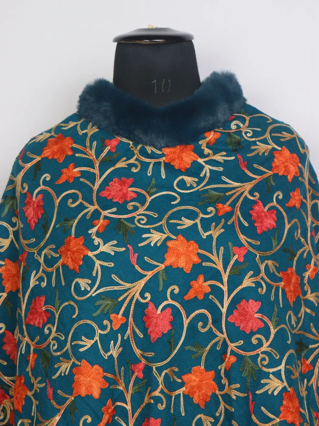Pari Teal Kashmiri Fur Poncho for Women With Floral Aari Kaam - Image 2