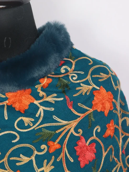 Pari Teal Kashmiri Fur Poncho for Women With Floral Aari Kaam - Image 3