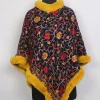 Kashmiri Navy Blue Fur Poncho for Women | Dilruba With Floral Aari Embroidery
