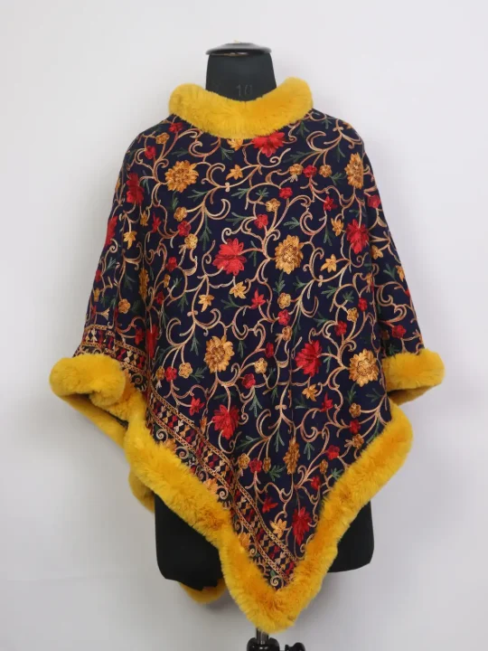 Kashmiri Navy Blue Fur Poncho for Women | Dilruba With Floral Aari Embroidery
