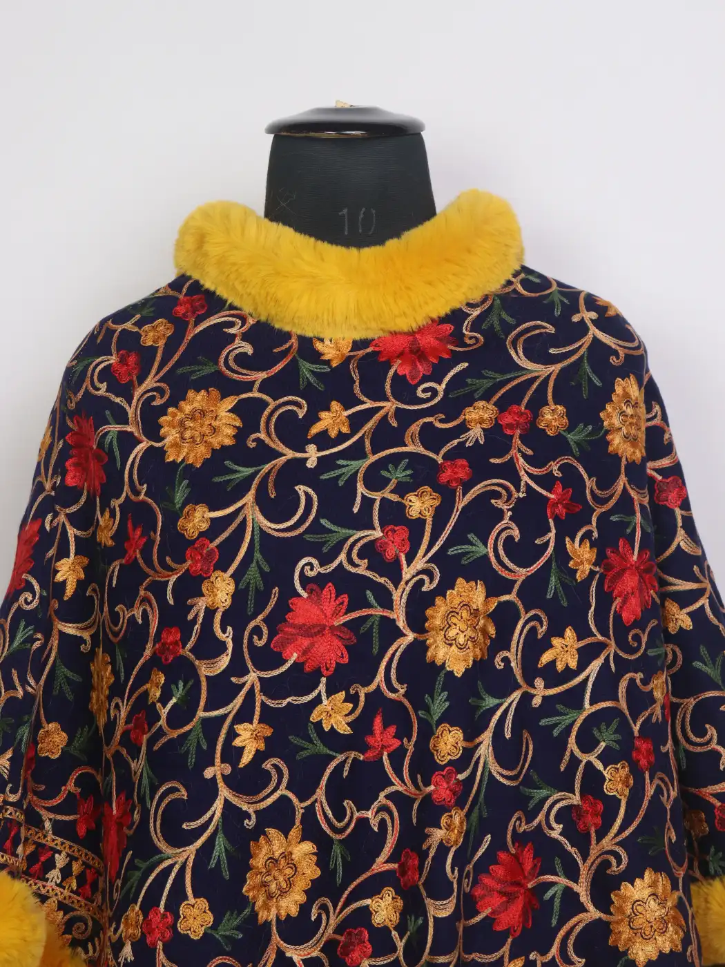 Kashmiri Navy Blue Fur Poncho for Women | Dilruba With Floral Aari Embroidery - Image 2