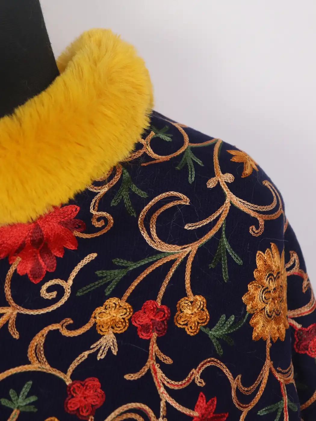Kashmiri Navy Blue Fur Poncho for Women | Dilruba With Floral Aari Embroidery - Image 3