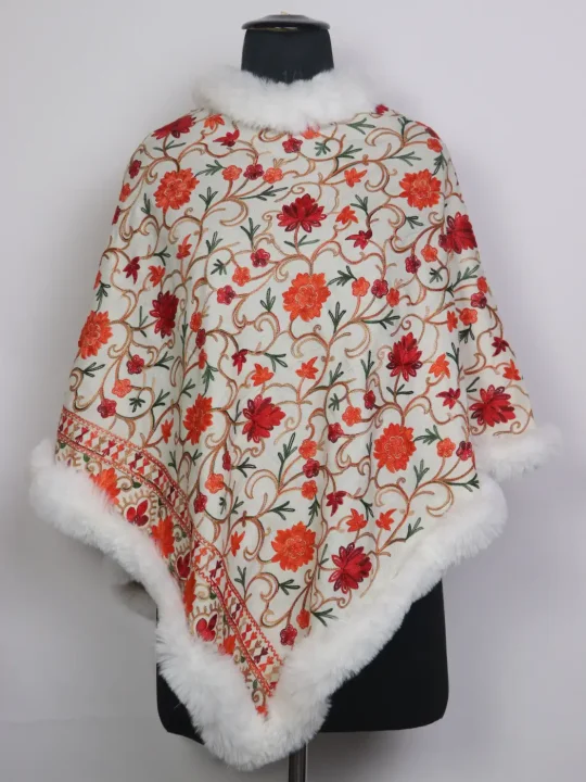 White Kashmiri Khatoon Fur Poncho for Women With Aari Embroidery