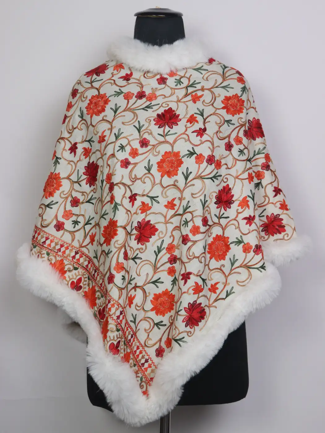 White Kashmiri Khatoon Fur Poncho for Women With Aari Embroidery
