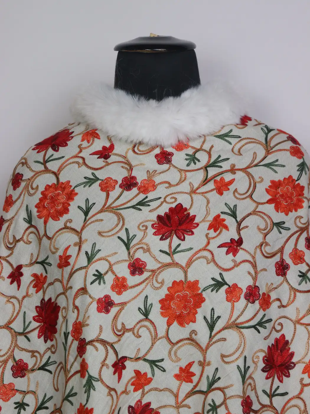White Kashmiri Khatoon Fur Poncho for Women With Aari Embroidery - Image 2