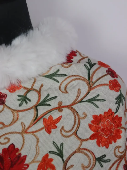 White Kashmiri Khatoon Fur Poncho for Women With Aari Embroidery - Image 3