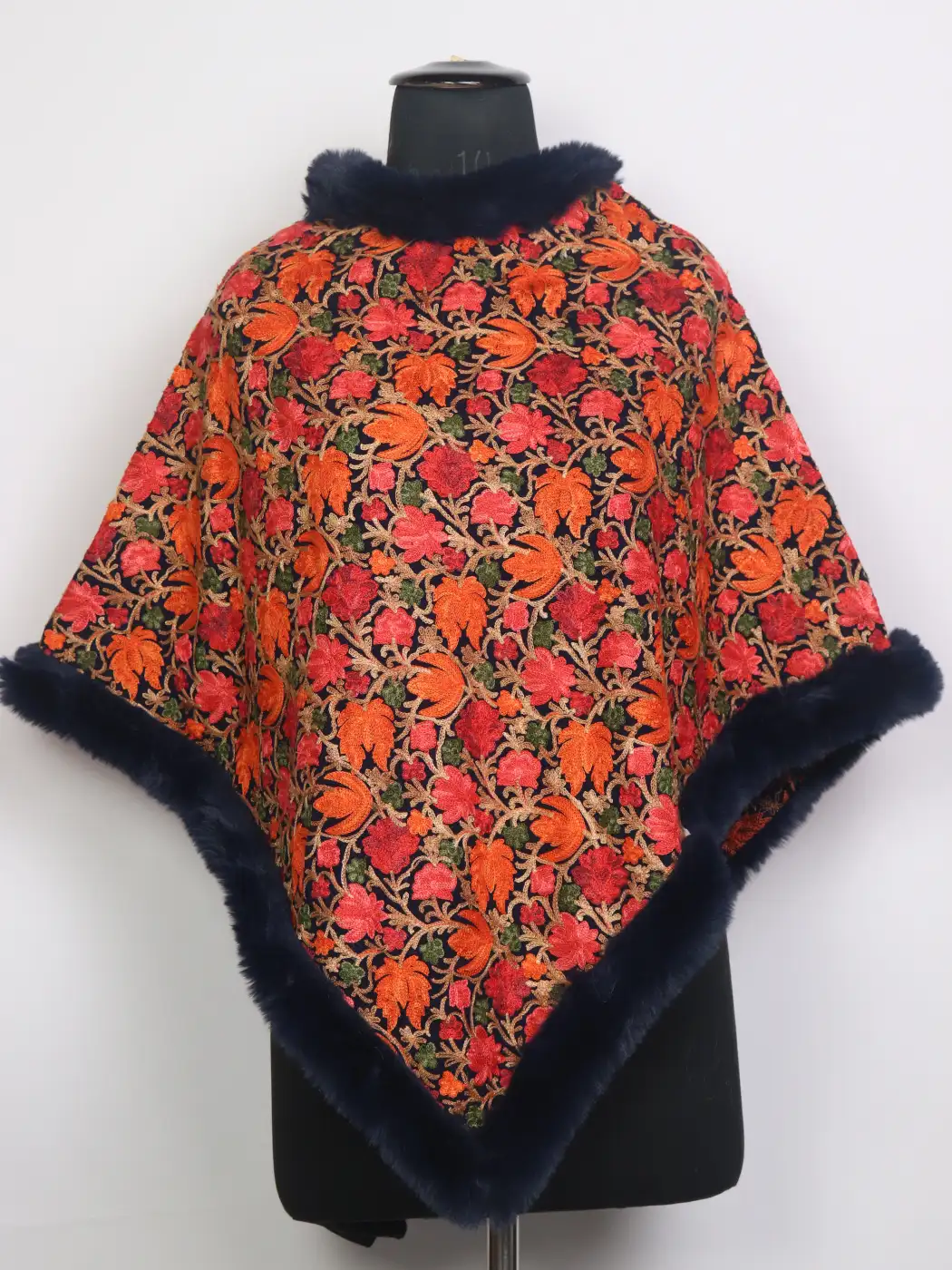 Kashmiri Fur Poncho for Women | Mahjabeen Black With Floral Aari Work